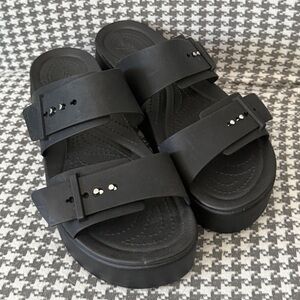 CROCS Black LiteRide Slide Sandals adjustable straps and silver stud detail.